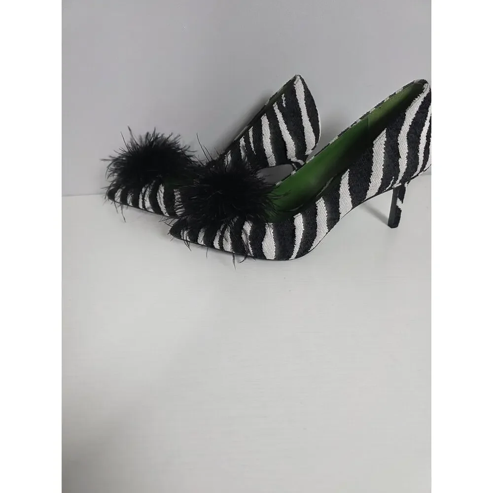 Kate Spade New York Marabou Zebra Tweed Pumps Womens 9 Designer Heels Statement - Picture 7 of 8